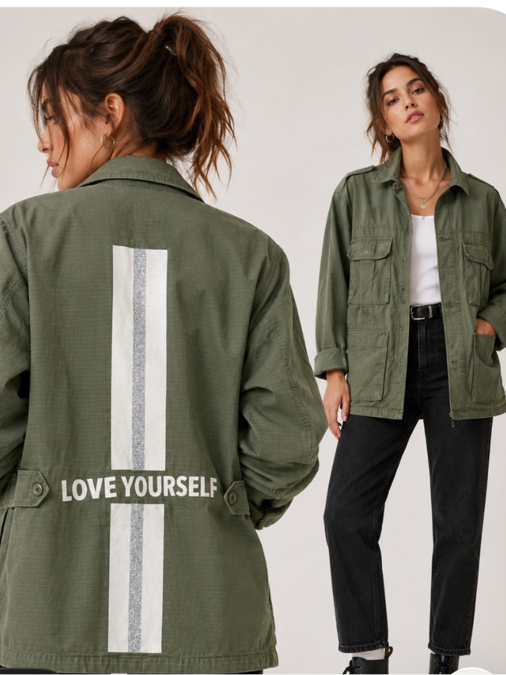 Hipchik Couture Olive Green Utility Jacket “Love Yourself” Graphic Back